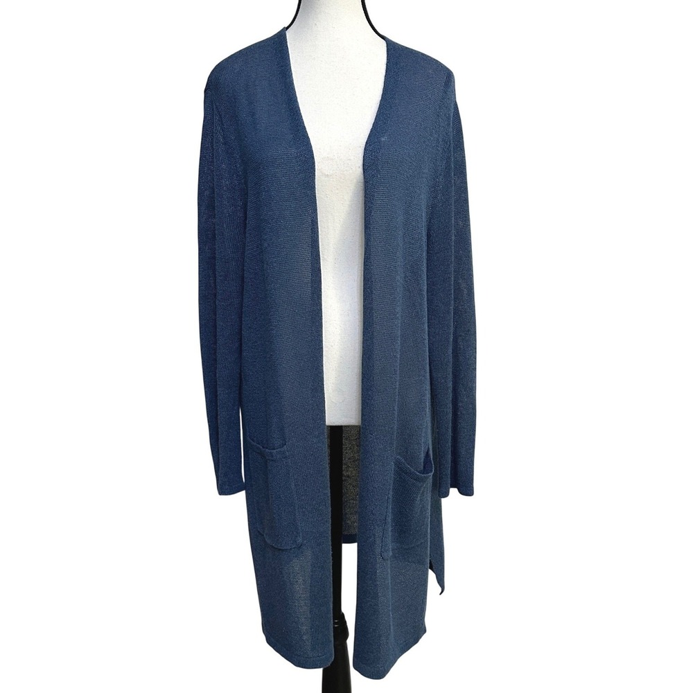 J. Jill Open Front Longline Cardigan Duster Women L Blue Linen Blend Pockets